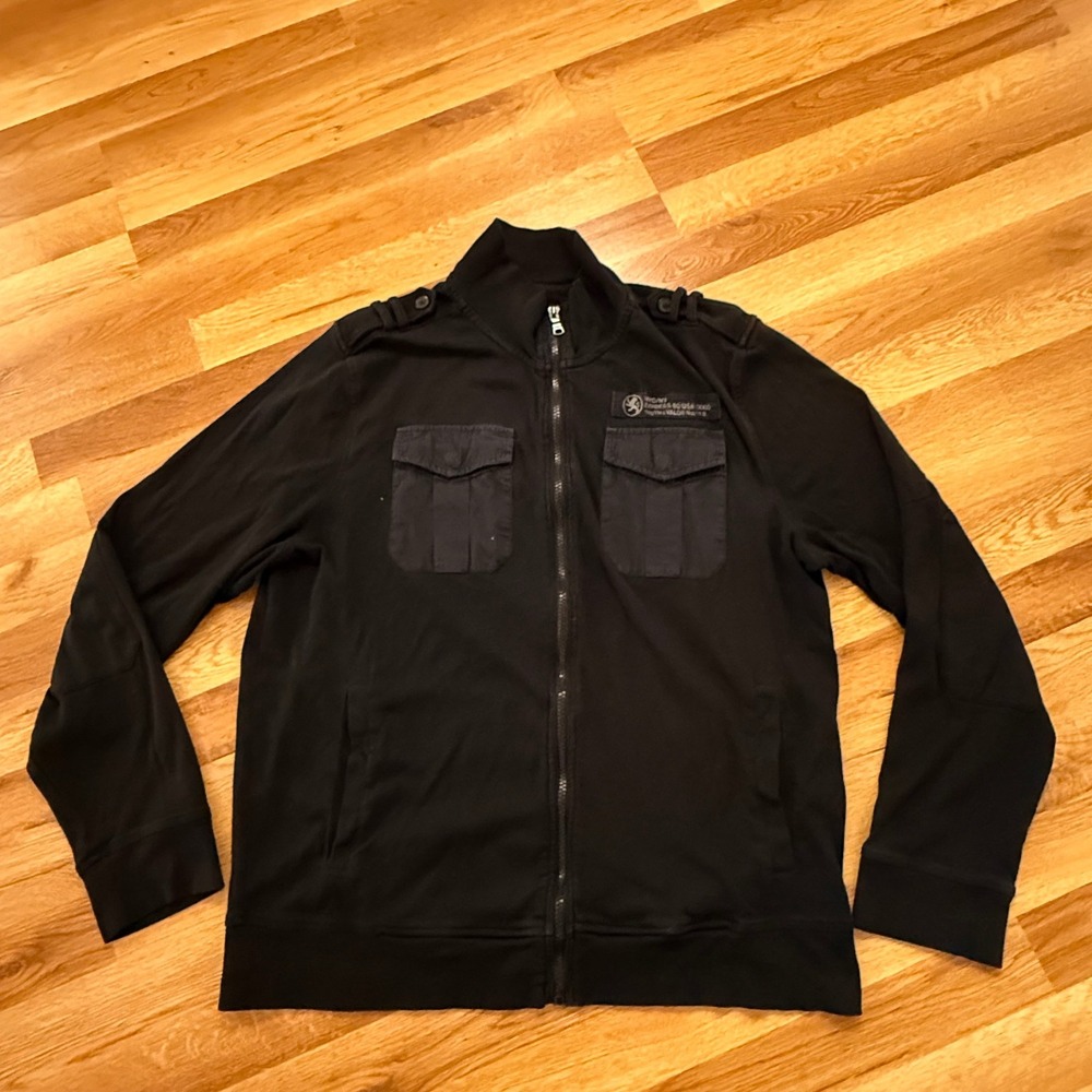 Express Mens Black Full‎ Zip Jacket Military Style Large Cotton Blend